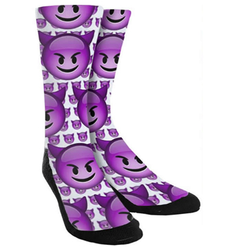 Evil Emoji face socks. Buy our cool devil purple emoji face socks.